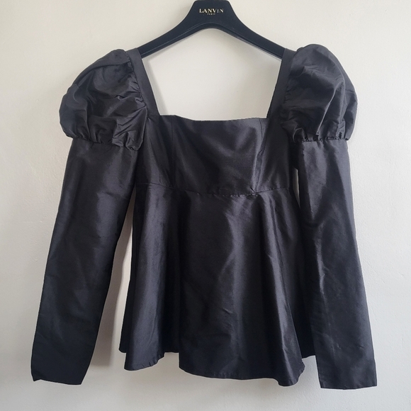 New Macgraw Romantic 100% Silk Square Neckline Black Blouse Bridgerton NWT 2 - Picture 10 of 16